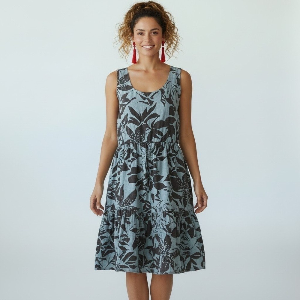 New Mode Italy 100% Linen Floral Tiered Midi Dress Tropical Resortwear casual XS